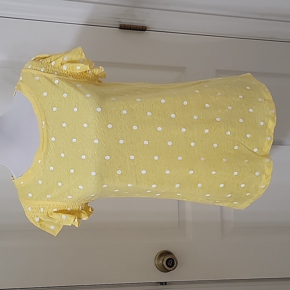 Loft Size XS Yellow with White Polka Dot Flutter Sleeve Linen Tee Shirt, EUC
